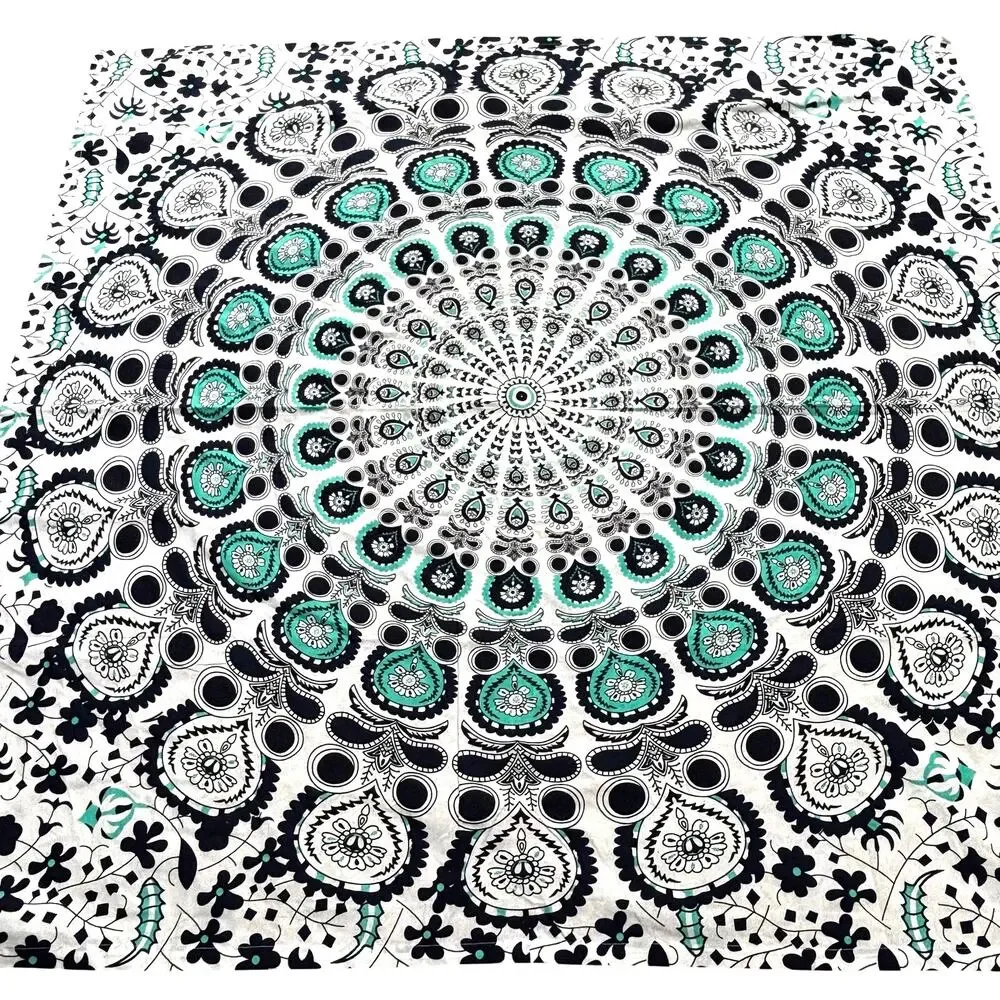 Huntington Home Printed Cotton Tablecloth Navy Blue Green & White Mandala Square